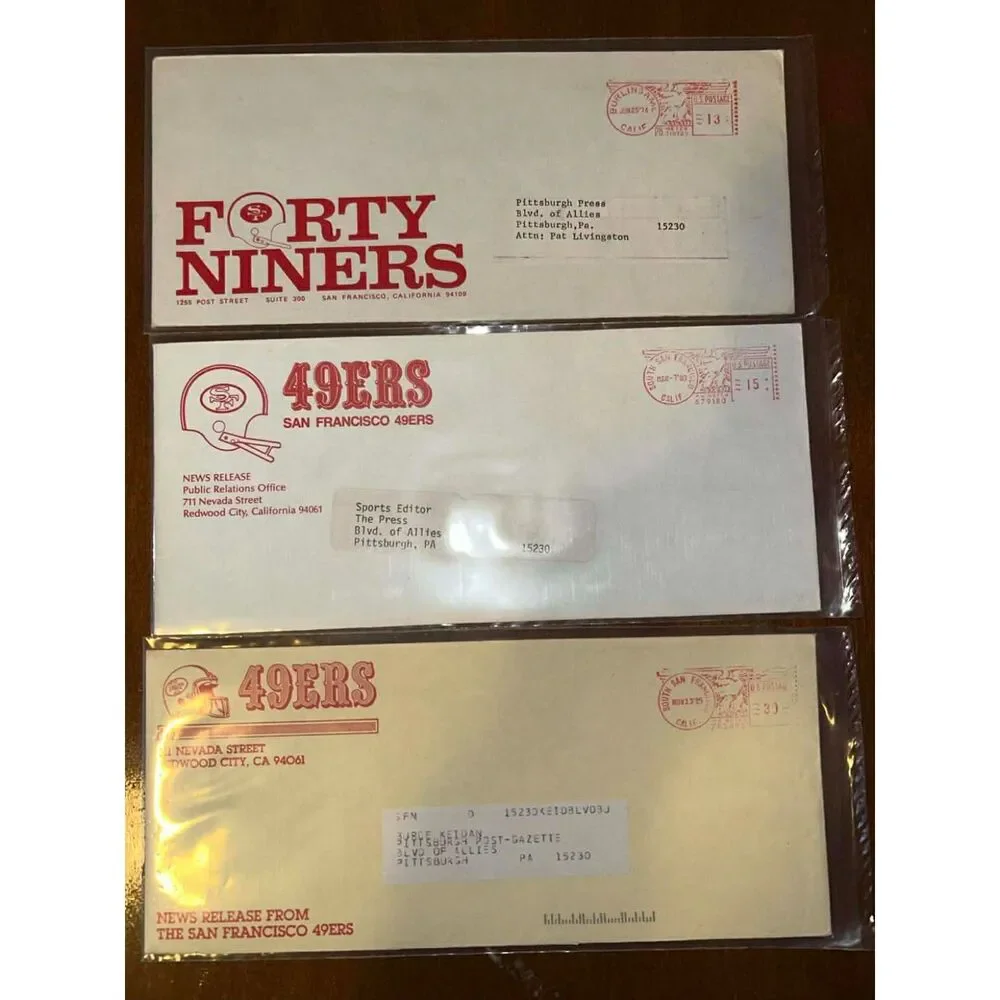 Rare NFL Francisco 49ers lot of 3 press release envelopes 1970s 1980s